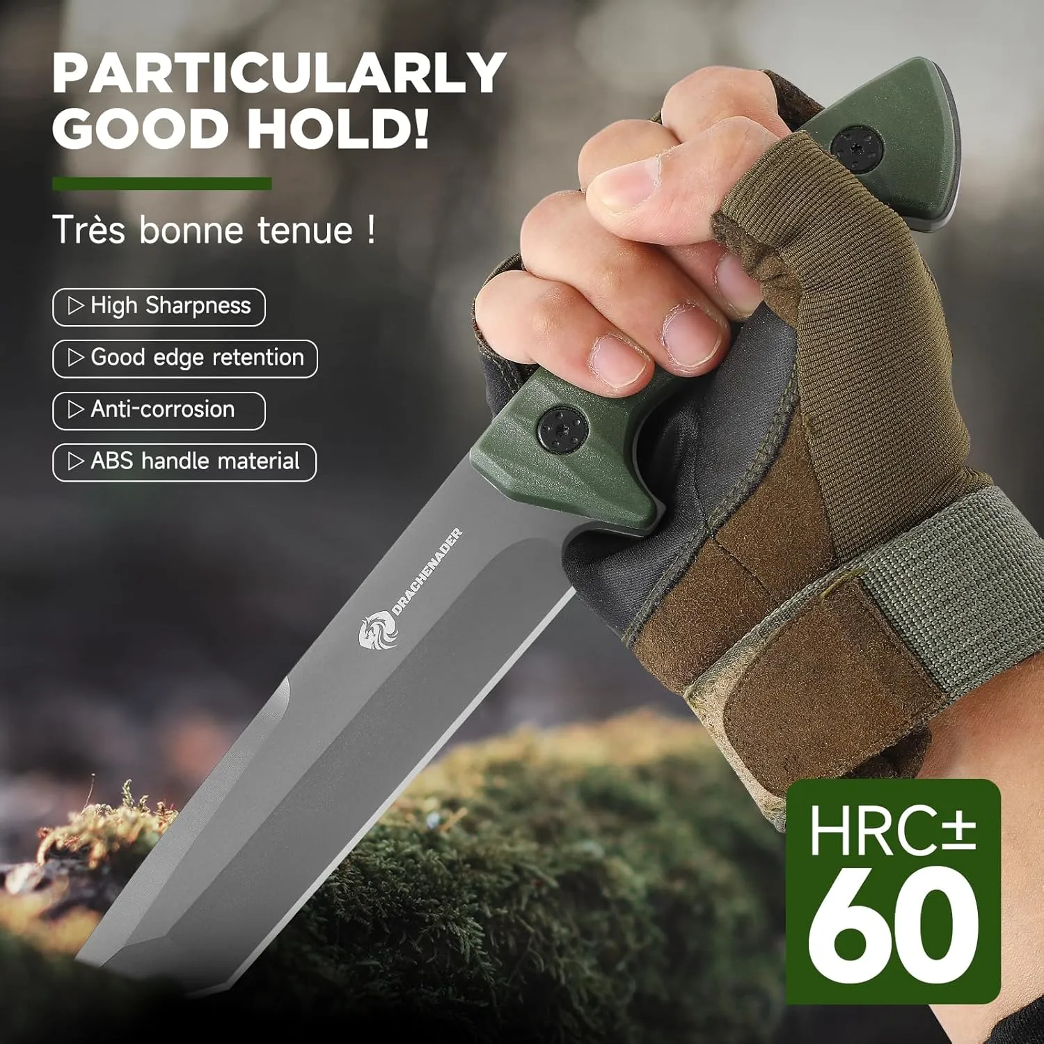 Tanto Knife Fixed Blade with Sheath Tactical Fixed Blade Knife, Sharp Fulltang Outdoor Survival, Versatile for Horizontal, Scout Carry and Vertical Carry