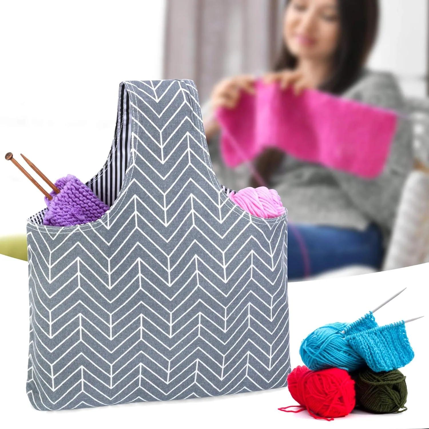 Teamoy Knitting Tote Bag, Travel Project Wrist Bag for Knitting Needles(14inches), Yarn and Crochet Supplies, Lightweight, Perfect Size for Knitting on The Go (Large, Arrow)