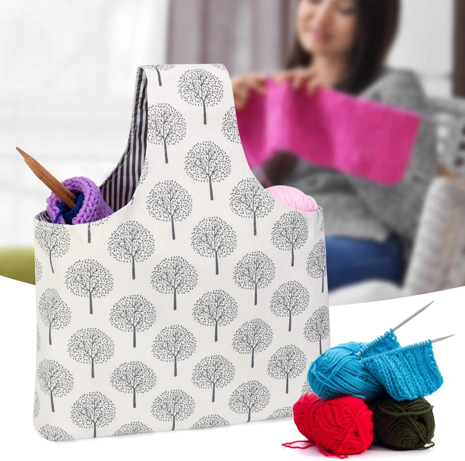 Teamoy Knitting Tote Bag, Travel Project Wrist Bag for Knitting Needles(14inches), Yarn and Crochet Supplies, Lightweight, Perfect Size for Knitting on The Go (Large, Tree)