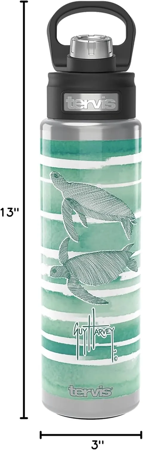 Tervis Guy Harvey Freeswim Turtle Triple Walled Insulated Tumbler Travel Cup Keeps Drinks Cold, 24oz Wide Mouth Bottle, Stainless Steel