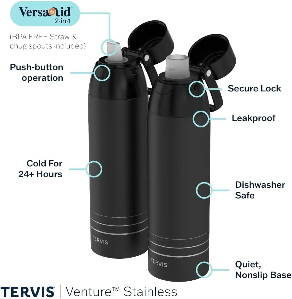 Tervis Venture Water Bottle Onyx Shadow Powder Coated Triple Walled Insulated Tumbler Travel Cup Keeps Drinks Cold & Hot, 26oz, Stainless Steel