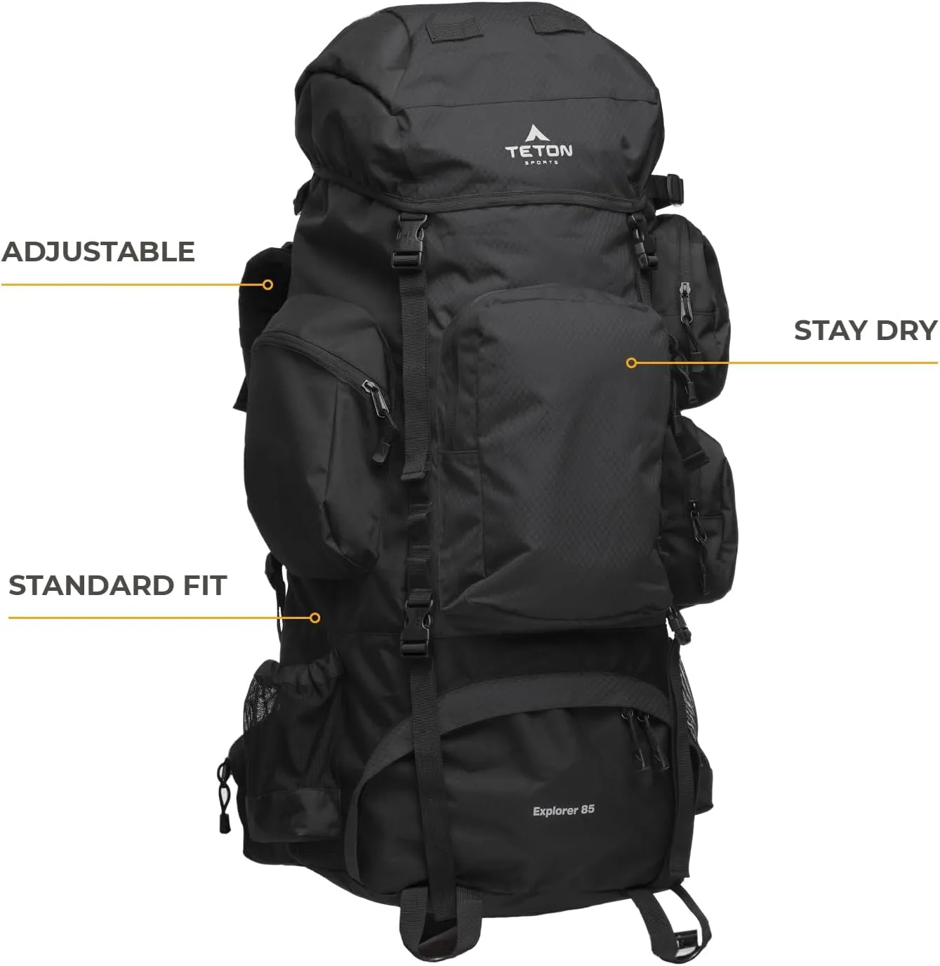 TETON 85L Explorer Internal Frame Backpack for Hiking, Camping, Backpacking, Rain Cover Included, Black