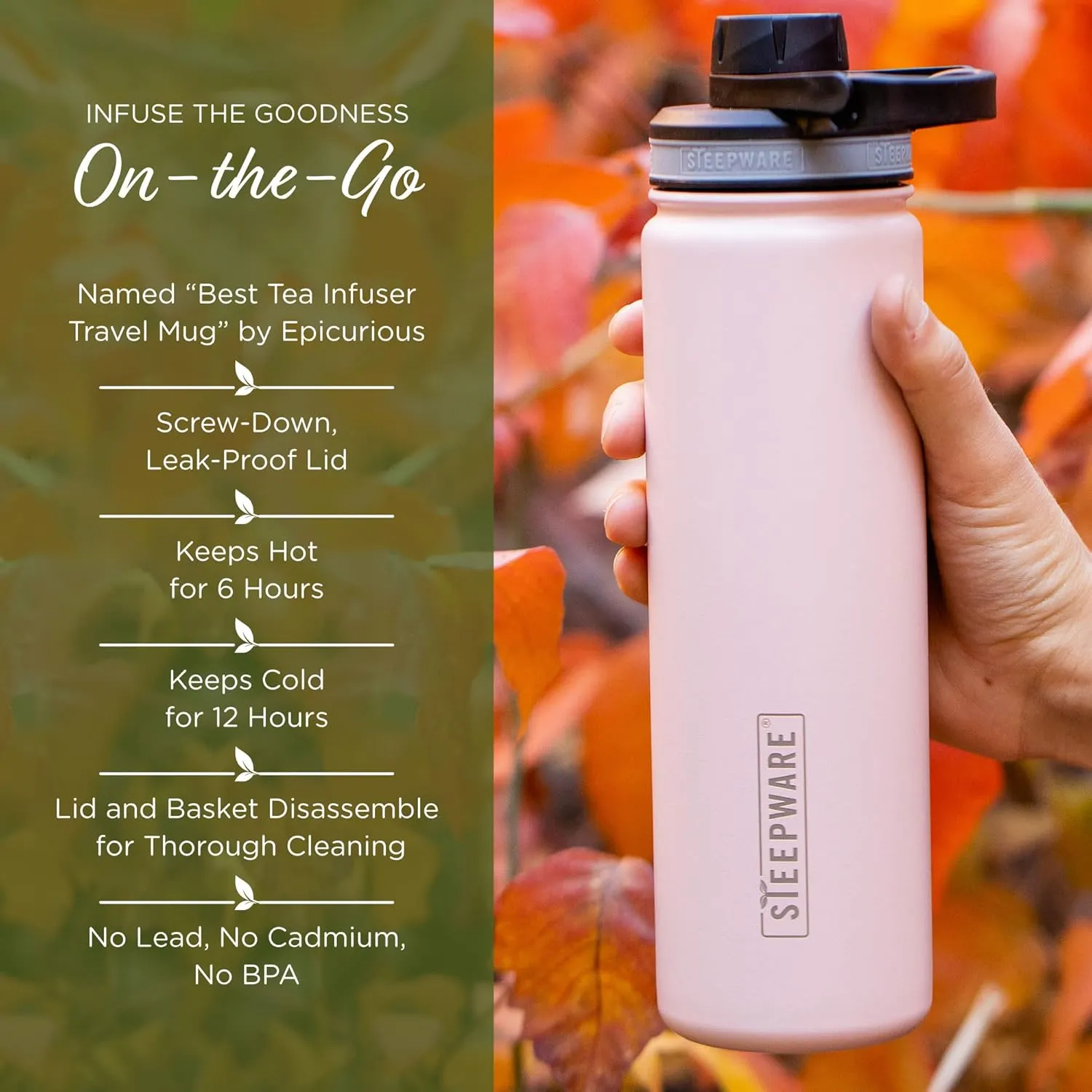The Tea Spot Steepware Tea Tumbler and Thermos, 22oz, Tea Bottle with tea infuser for loose leaf tea or iced coffee, Sleek Double Wall Tumbler & Insulated Travel Bottle - Rose