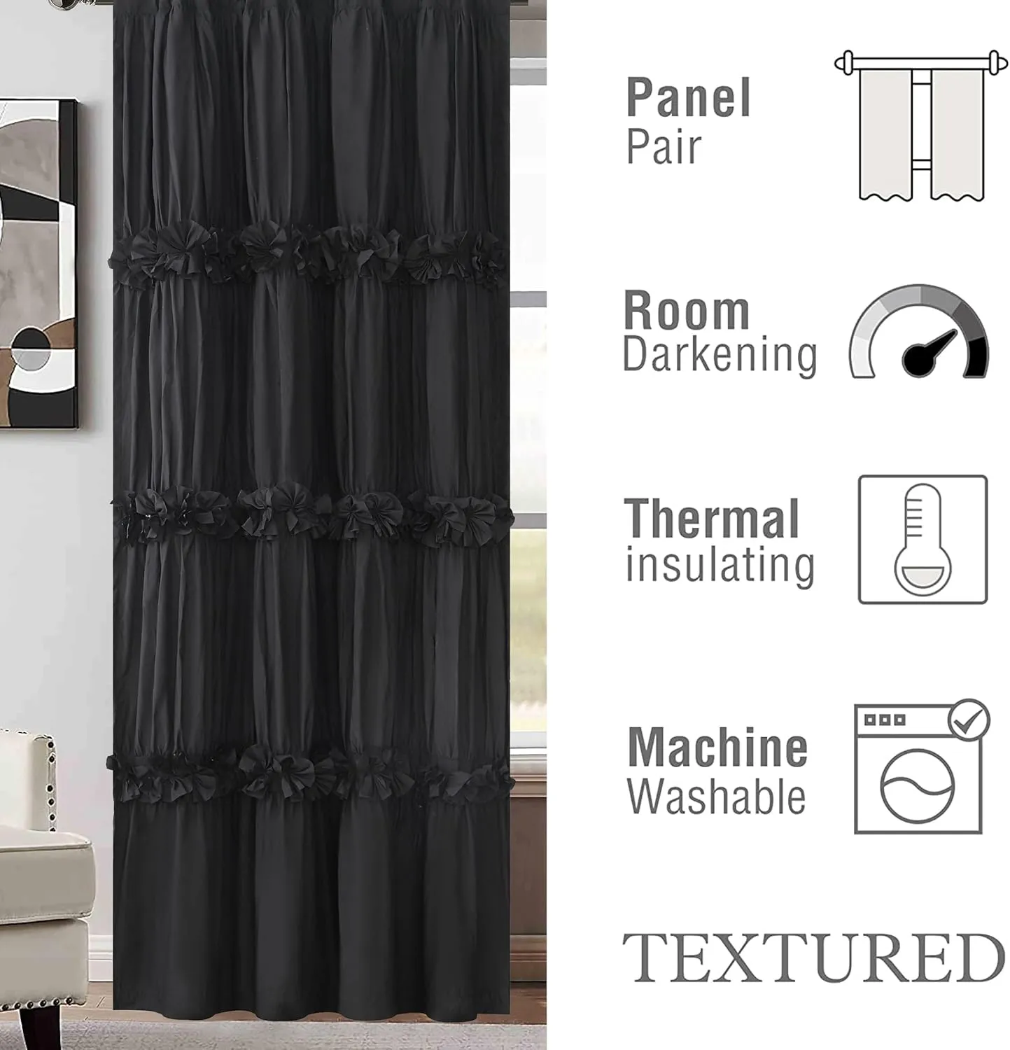 Thermal Insulated Blackout Window Curtains, Boho Ruched Window Treatments with 3 Rows of Butterfly Flowers, Rustic Rod Pocket Drapes for Room, 54" W x 84" L, 2 Panels, Black(LQ-30)