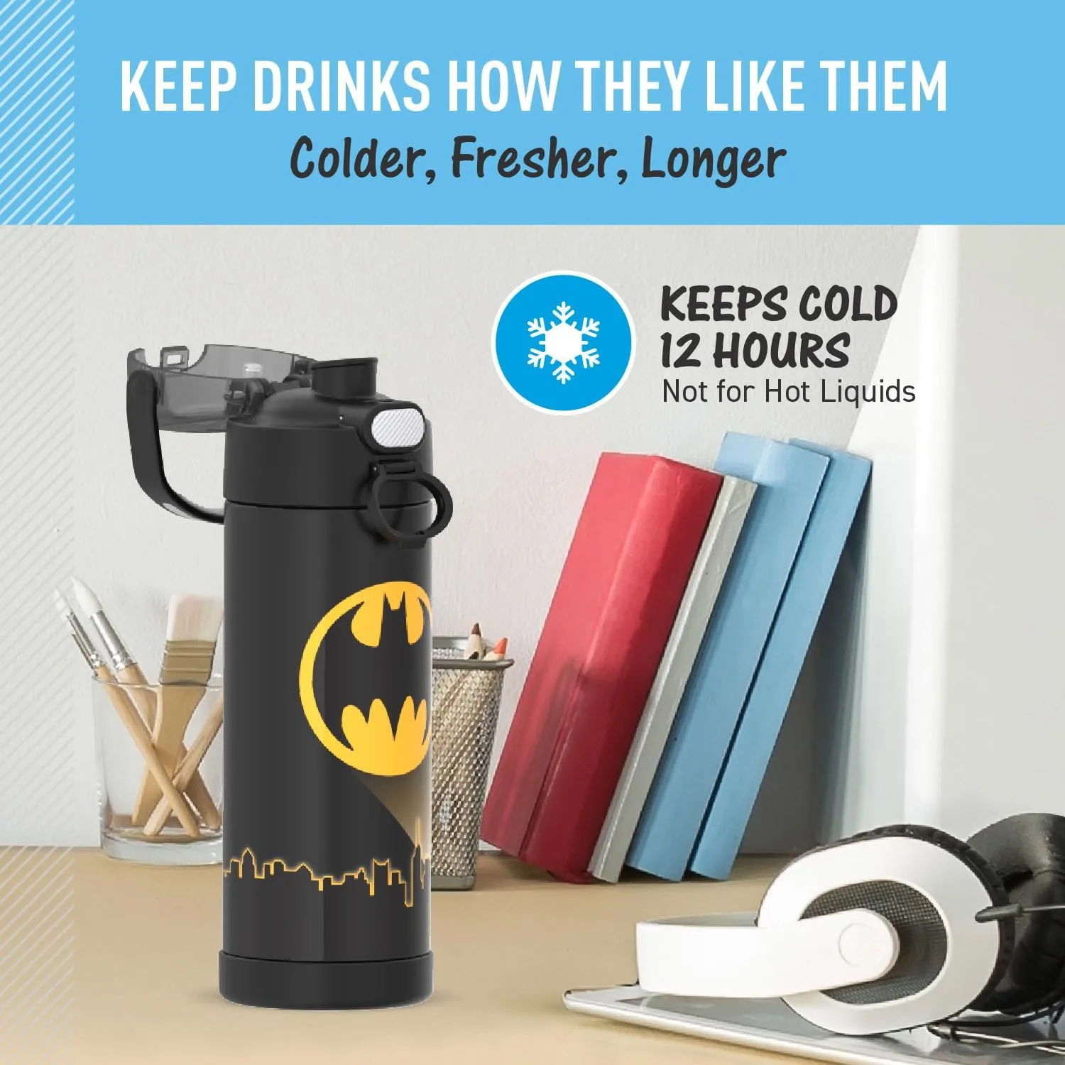 THERMOS FUNTAINER 16 Ounce Stainless Steel Vacuum Insulated Bottle with Wide Spout Lid, BATMAN