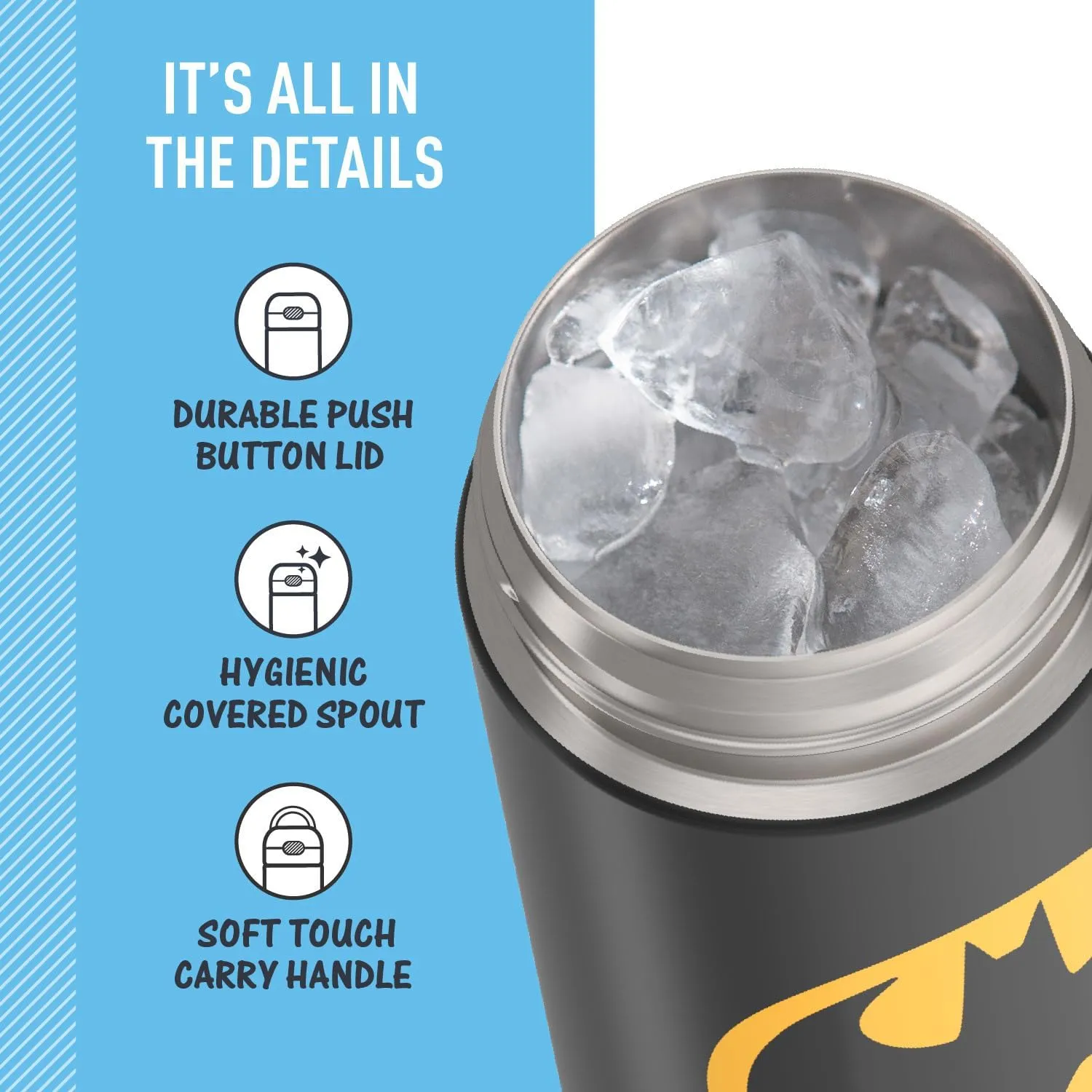 THERMOS FUNTAINER 16 Ounce Stainless Steel Vacuum Insulated Bottle with Wide Spout Lid, BATMAN