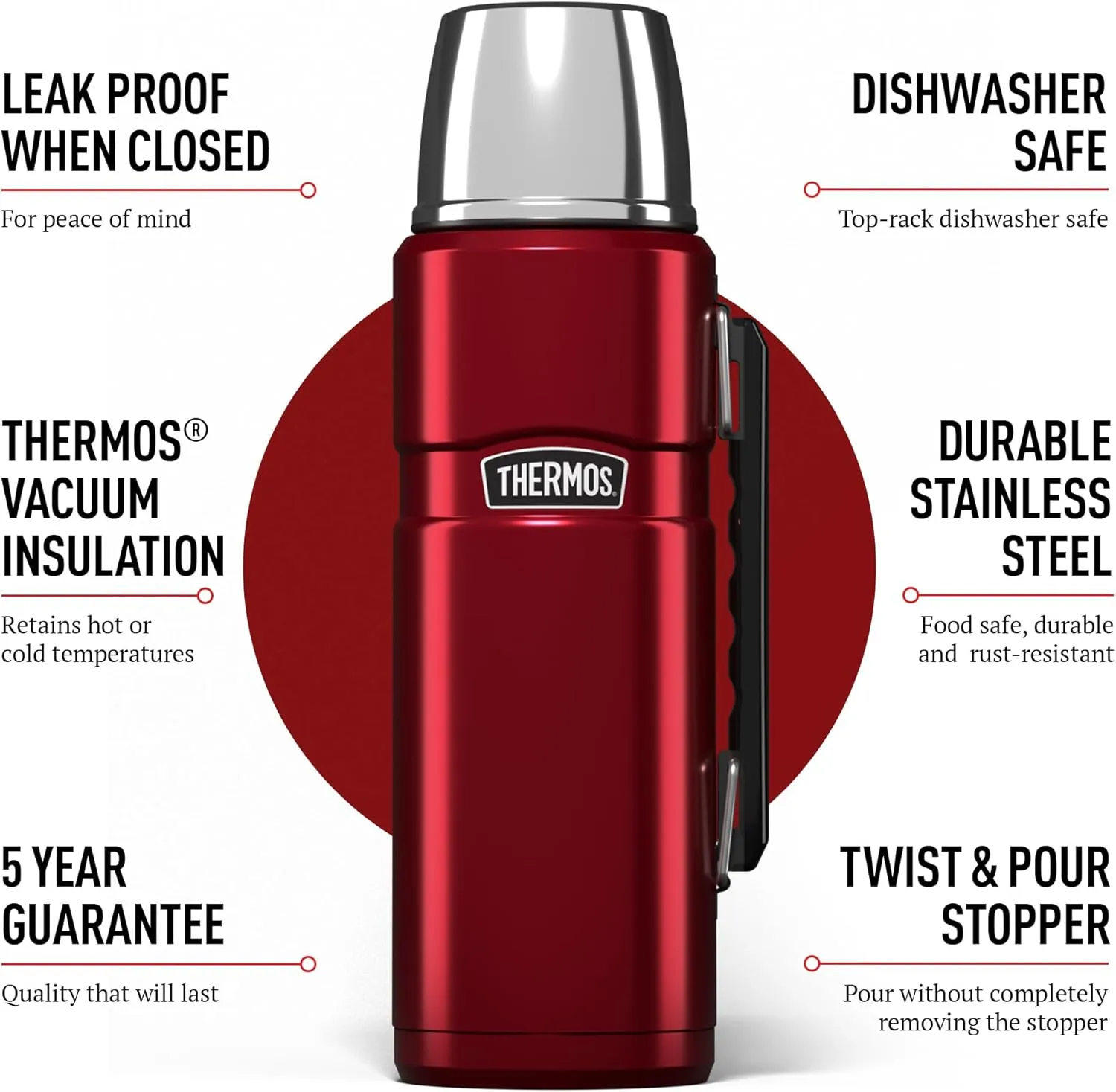 Thermos Stainless King Flask, Cranberry Red, 1.2 L 184803, Picnic Bottle