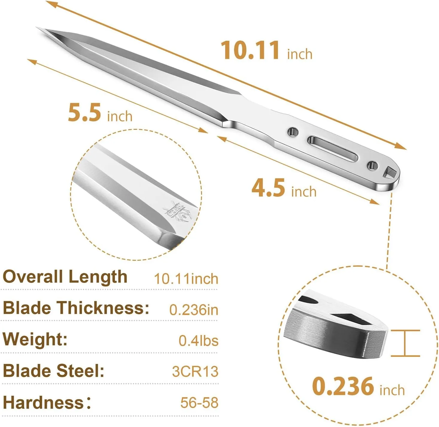 Throwing Spikes Set, 10.11" Length, 0.236" Thickness, Full Tang Stainless Steel Design, Complete with Nylon Sheaths for Recreation and Competition