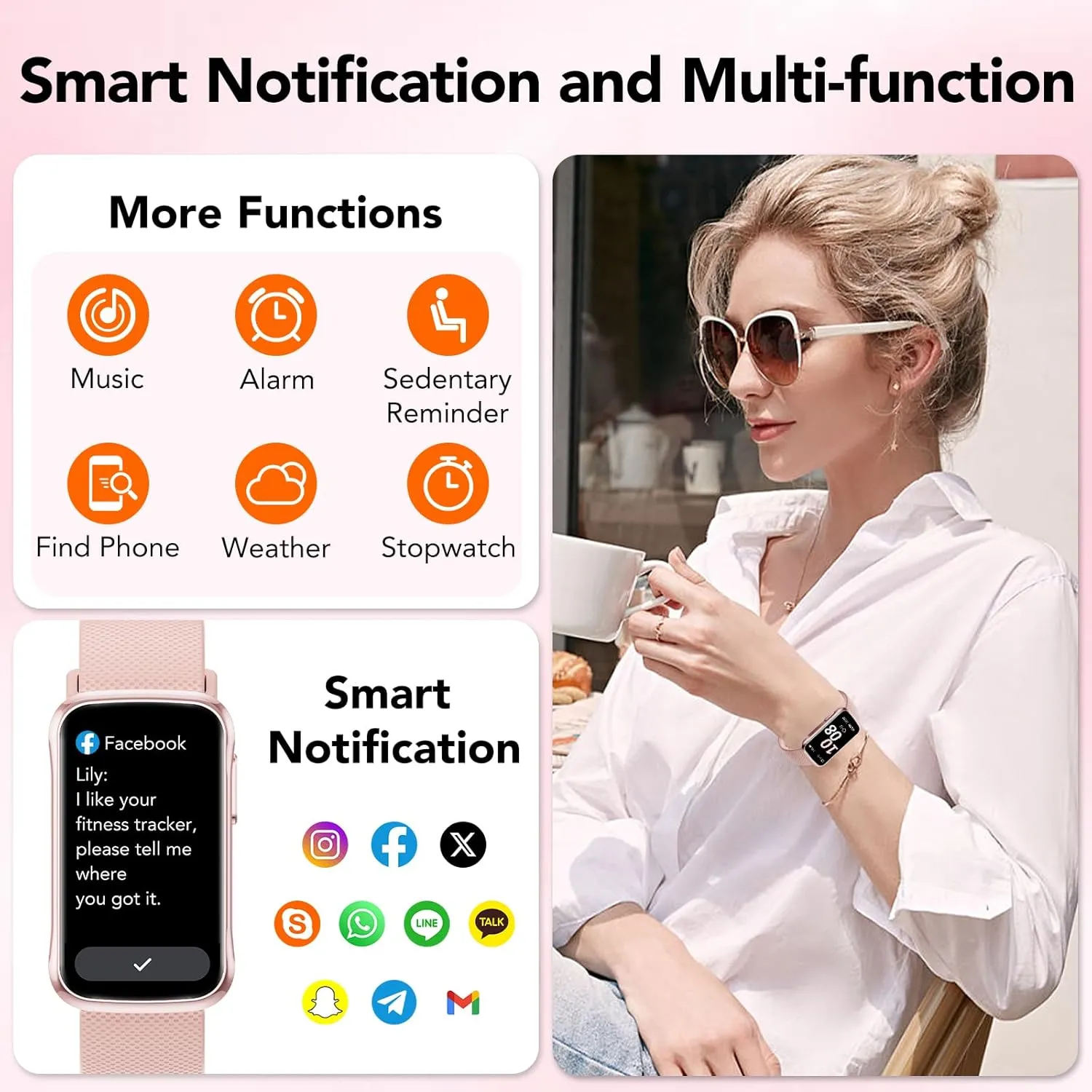 TIMU Fitness Tracker with 24 Sports Modes, 24/7 Heart Rate, Sleep Monitor, IP68 Waterproof for Women Men, Step Calorie Counter (Pink)