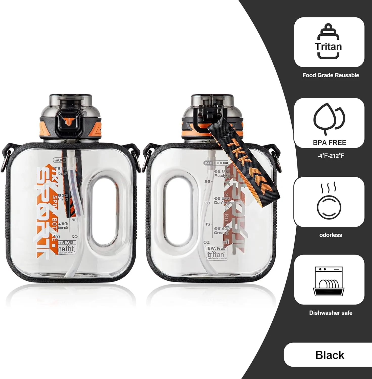 TKK 32oz Sport Water Bottle with Straw Water Jug with Straw Large Capacity Plastic Water Bottle Dishwasher Safe 1L Water Bottle Jug BPA Free Tritan for Gym Yoga Travel Camping Outdoor Black