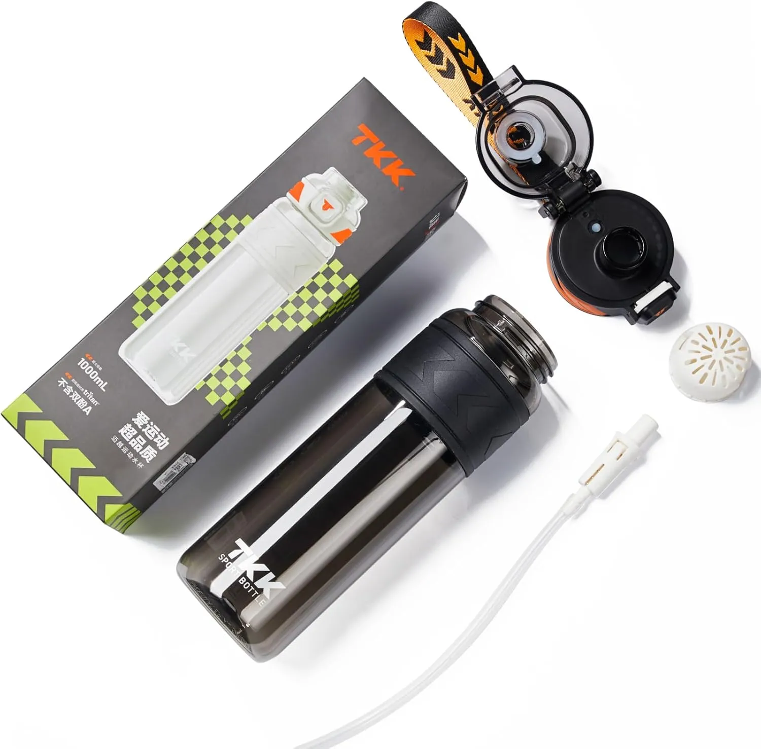TKK Sports Water Bottles with Removable Straw 34 oz Leak-proof Flip Top Lid BPA Free Tritan Bottles with Strap for School, Fitness, Gym, Outdoor, Black-White
