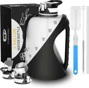TOOFEEL 1 gallon water bottle - 128 oz water bottle with Straw & Chug Lid - BPA Free Big Water Bottle with Handle - Gym Water Bottle - Black and White