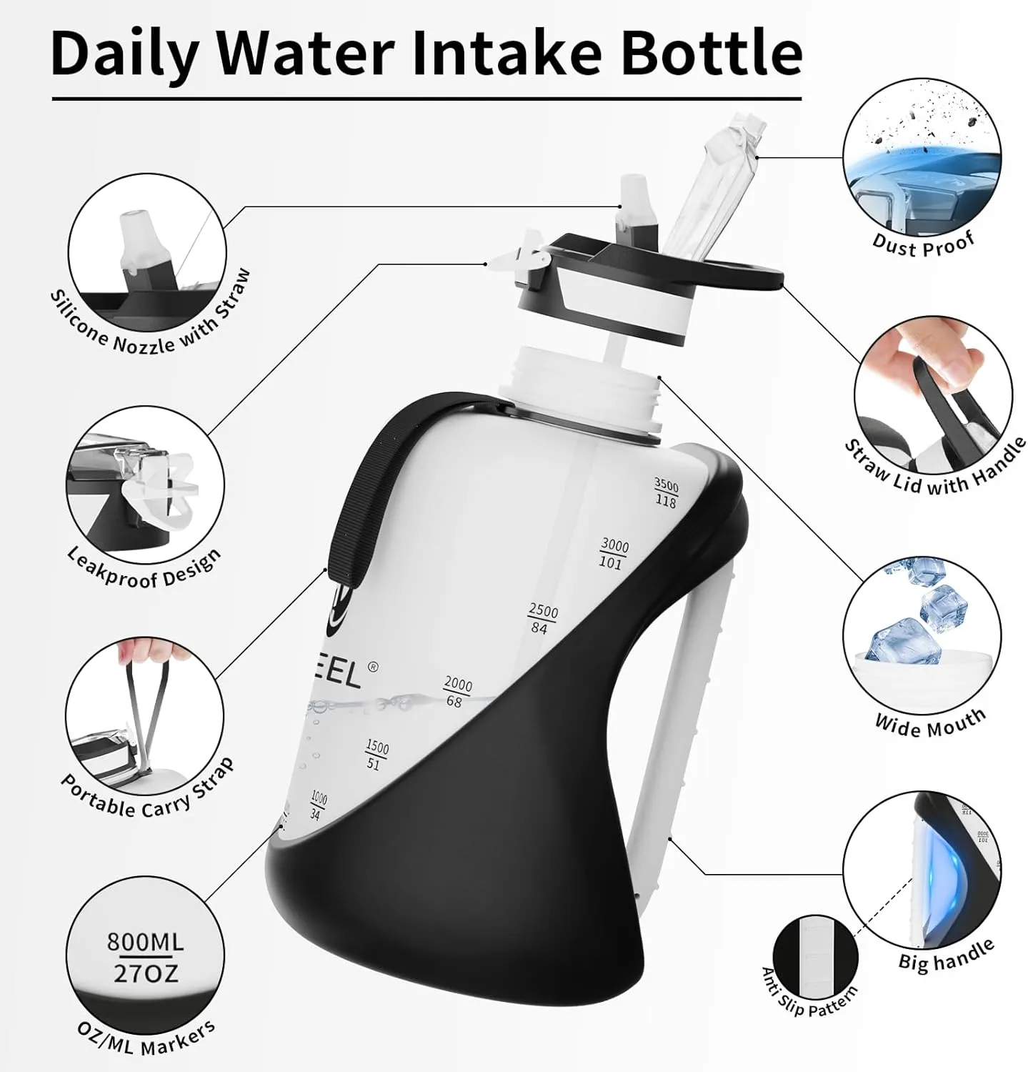 TOOFEEL 1 gallon water bottle - 128 oz water bottle with Straw & Chug Lid - BPA Free Big Water Bottle with Handle - Gym Water Bottle - Black and White