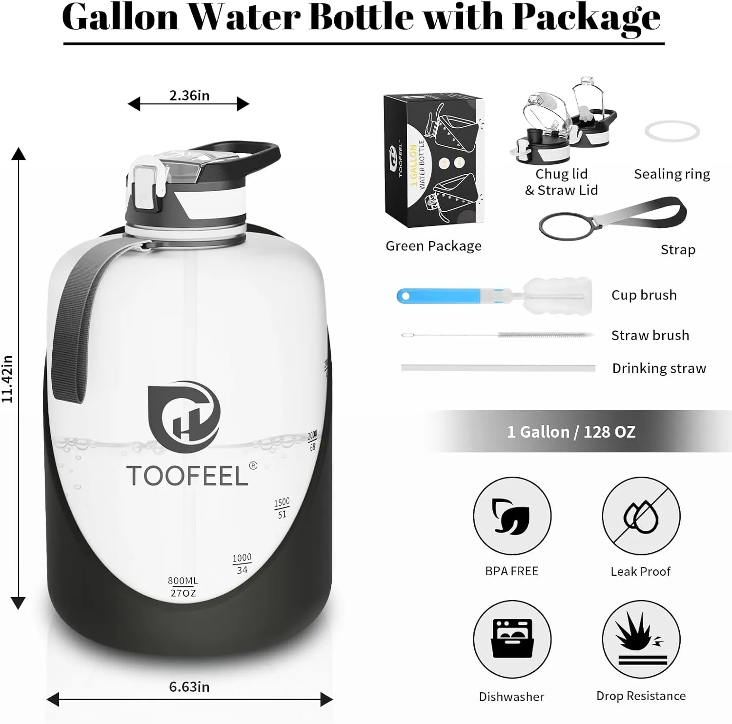 TOOFEEL 1 gallon water bottle - 128 oz water bottle with Straw & Chug Lid - BPA Free Big Water Bottle with Handle - Gym Water Bottle - Black and White