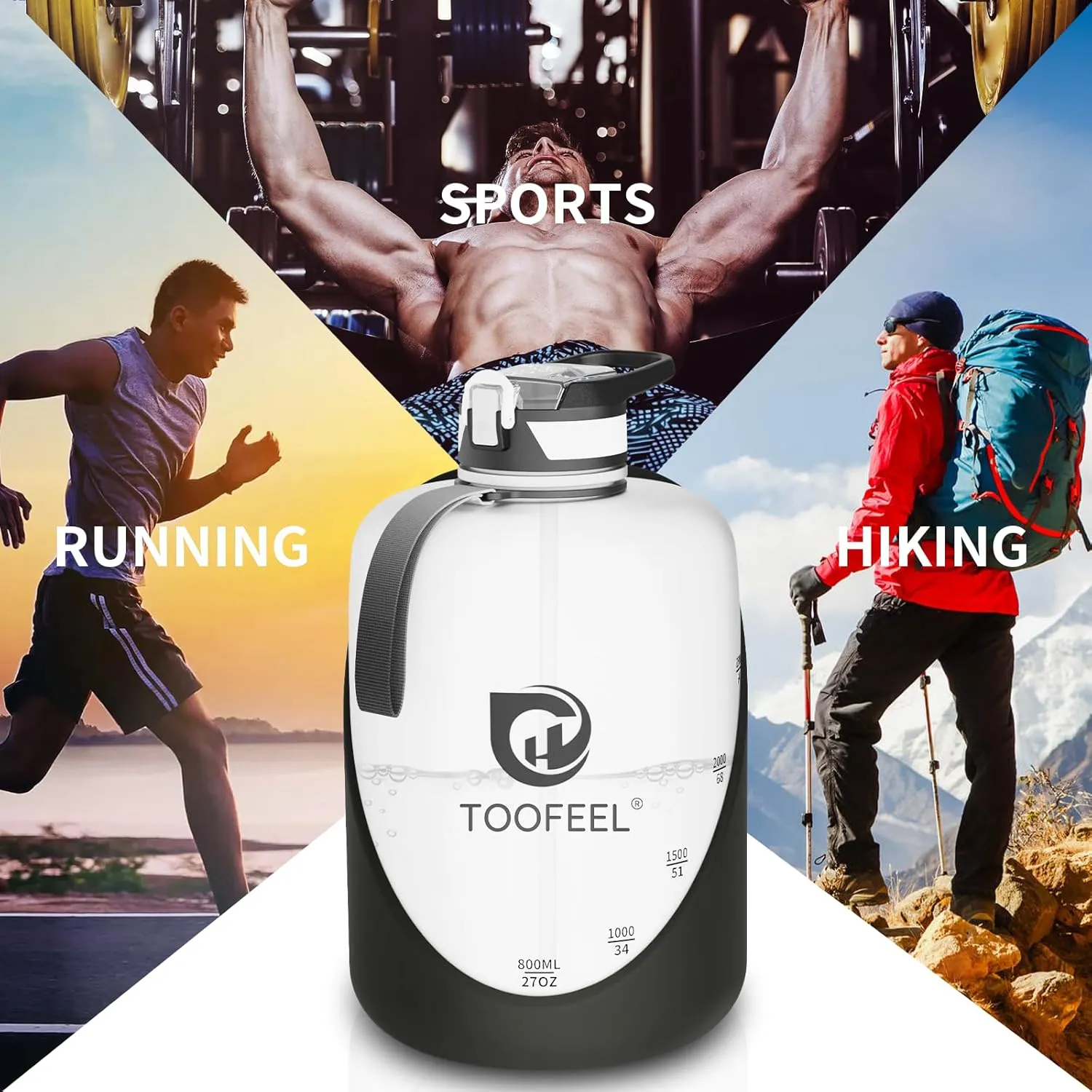 TOOFEEL 1 gallon water bottle - 128 oz water bottle with Straw & Chug Lid - BPA Free Big Water Bottle with Handle - Gym Water Bottle - Black and White