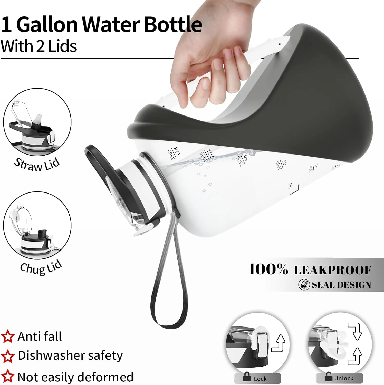 TOOFEEL 1 gallon water bottle - 128 oz water bottle with Straw & Chug Lid - BPA Free Big Water Bottle with Handle - Gym Water Bottle - Black and White