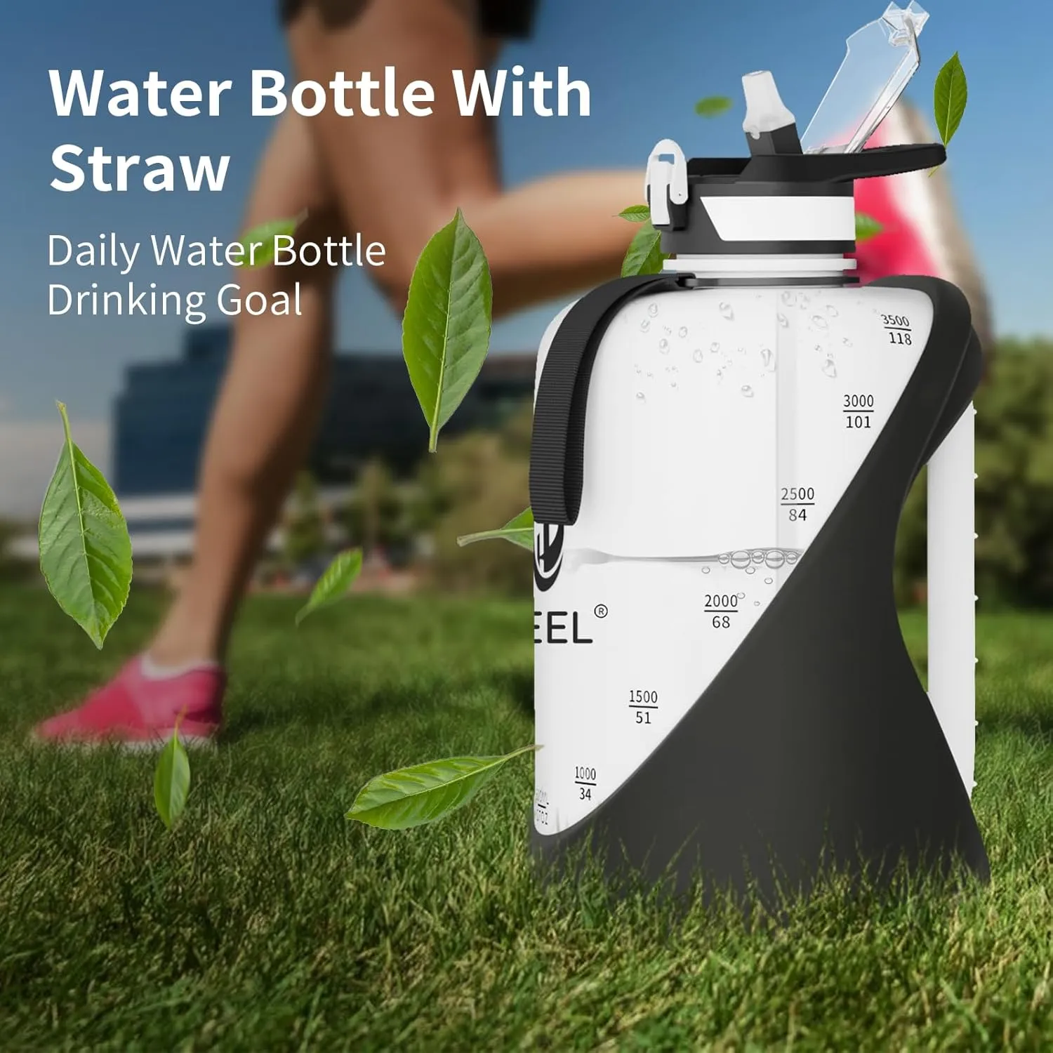 TOOFEEL 1 gallon water bottle - 128 oz water bottle with Straw & Chug Lid - BPA Free Big Water Bottle with Handle - Gym Water Bottle - Black and White