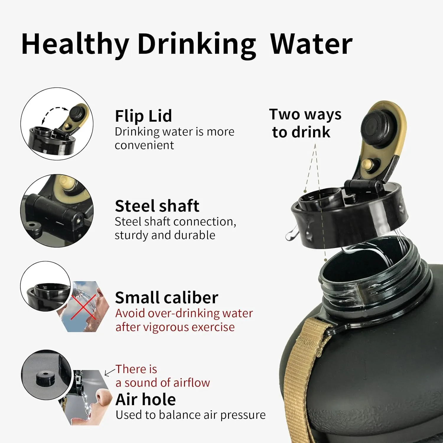 TOOFEEL 2 Liter Water Bottles - Half Gallon Water Bottle BPA Free - Ideal for Gym, Big Water Jug, Reusable Sports Bottle with Measurements Marked Drink Container (2.2L 74oz Matte Black Water Jugs)