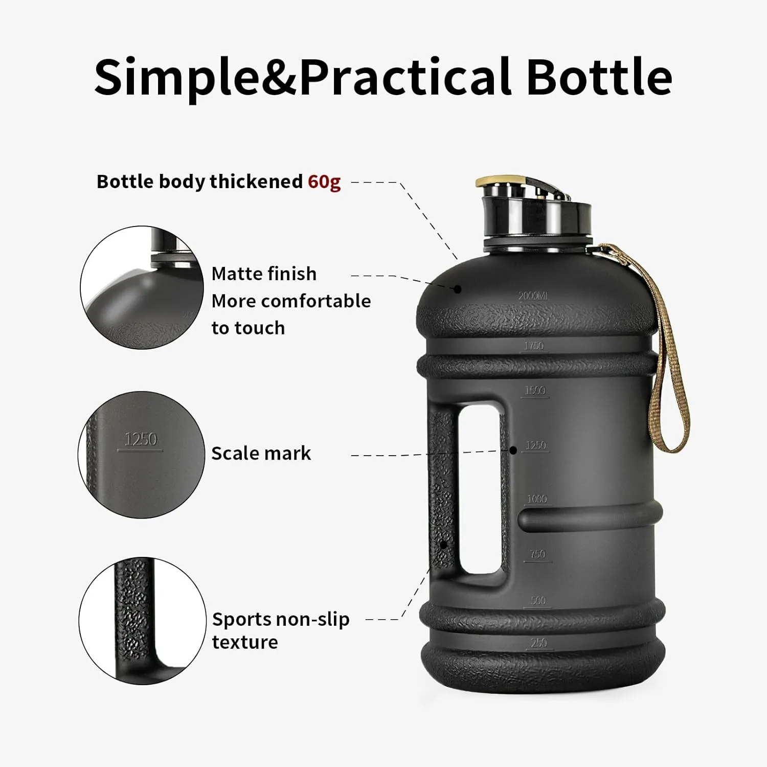 TOOFEEL 2 Liter Water Bottles - Half Gallon Water Bottle BPA Free - Ideal for Gym, Big Water Jug, Reusable Sports Bottle with Measurements Marked Drink Container (2.2L 74oz Matte Black Water Jugs)