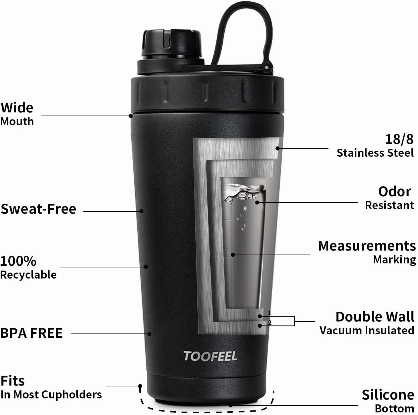 TOOFEEL Stainless Steel Shaker Bottle - 20 oz Double Walled Insulated Shaker Cup, Keeps Cold/Hot, For Protein Mixes & Gym Workout