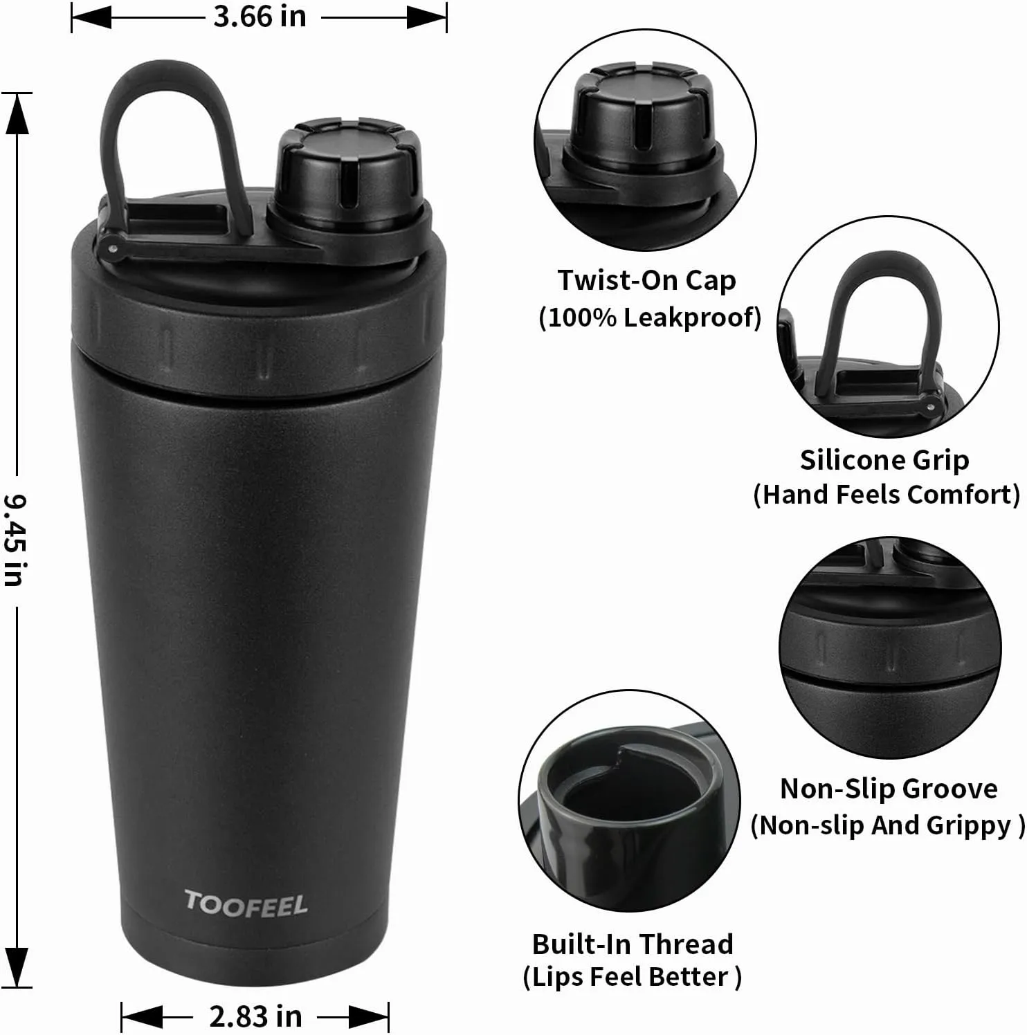 TOOFEEL Stainless Steel Shaker Bottle - 20 oz Double Walled Insulated Shaker Cup, Keeps Cold/Hot, For Protein Mixes & Gym Workout
