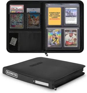 Toploader Binder - 35pt-55pt Topload Card Compatible, 4 Pocket Black Portable Top Loader Card Storage Album, 96 Slots Rigid Card Holder, 2 PSA Slab Pocket, Lorcana, Pokemon, MTG, Sports Cards EVORETRO