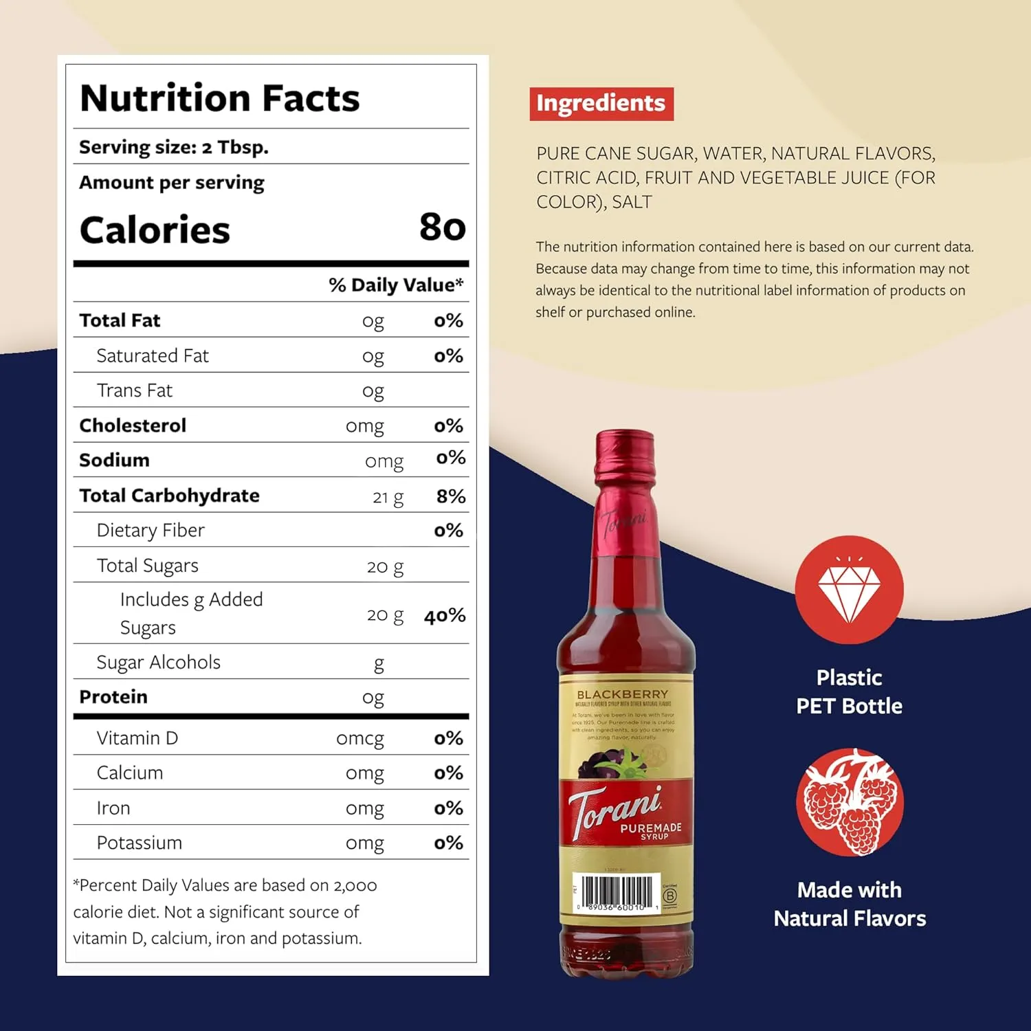 Torani Puremade Syrup, Blackberry Flavoring for Iced Tea, Lemonade, Sodas, and Cocktails, Pump Included, 25.4 Oz