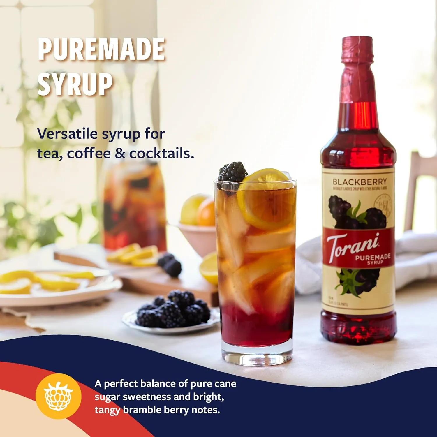 Torani Puremade Syrup, Blackberry Flavoring for Iced Tea, Lemonade, Sodas, and Cocktails, Pump Included, 25.4 Oz