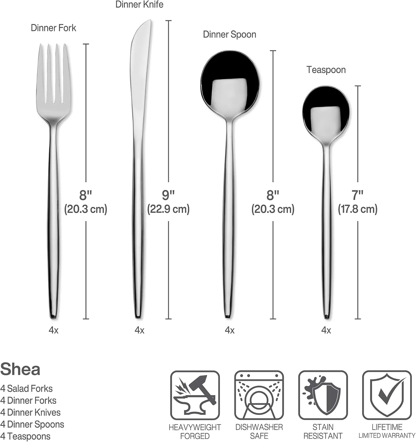 Towle Living Shea Forged Stainless Steel 16 Piece Flatware Set, Service For 4, Stainless Steel