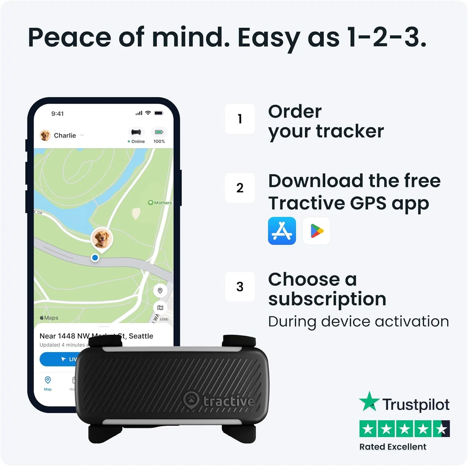 Tractive GPS Dog Tracker (2025 Release) | Real-time Pet Location Tracker | Health & Wellness Alerts | Virtual Fence for Dogs | Bark Monitoring | Dog Collar Attachment (Black)