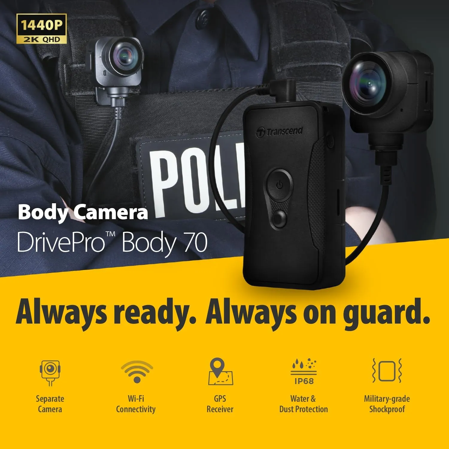 Transcend 64GB, DrivePro Body 70, Body Camera, Wi-FI & Bluetooth, GPS, IP68 Weatherproof, 1440P 2K QHD, 9-Hour Battery Life, Tethered Camera, Ideal for Law Enforcement & Security - TS64GDPB70A