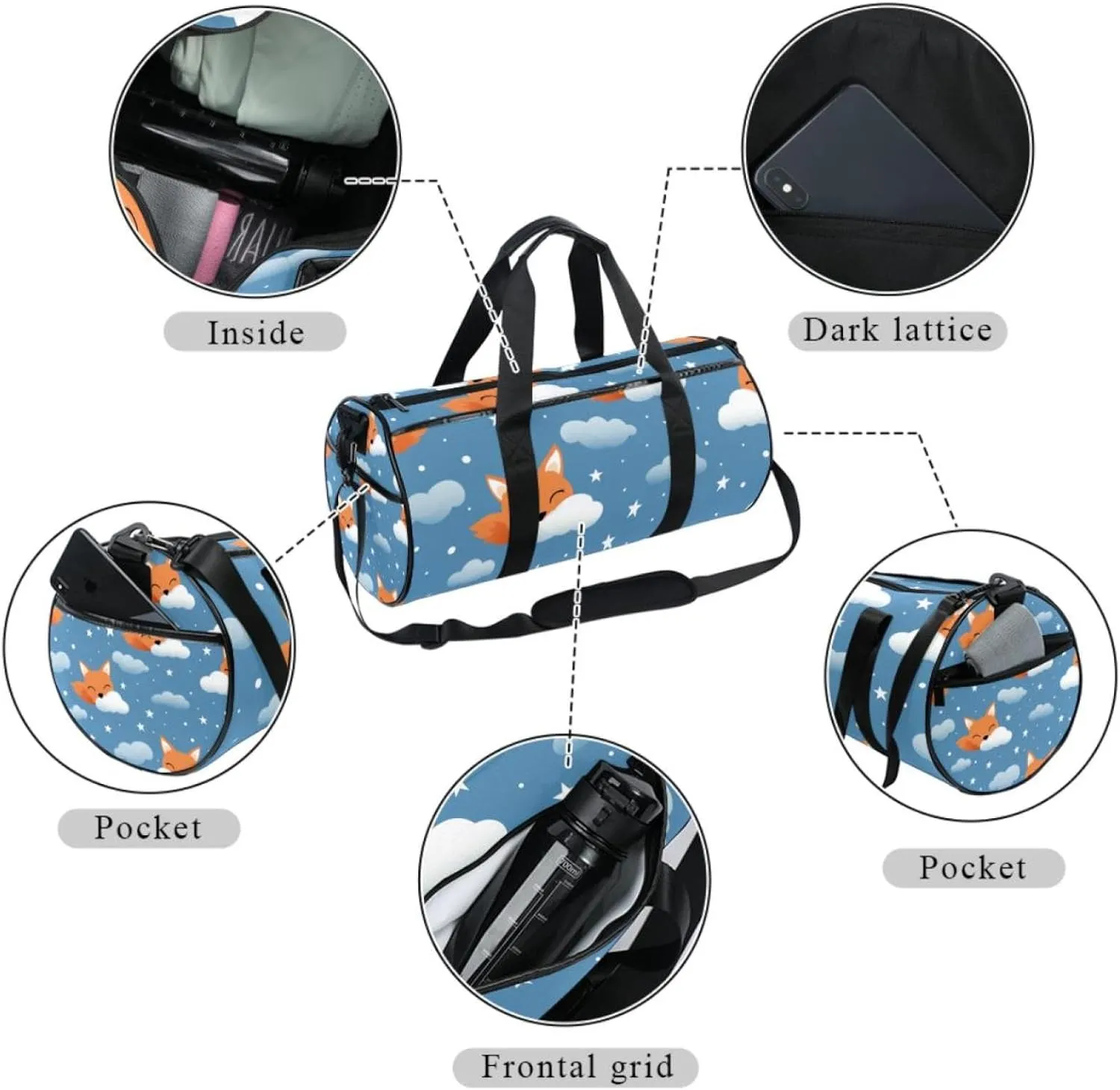 Travel Bag,Mens Gym Bag,Womens Gym Bag,Fox Animal with Clouds,Sports Bag
