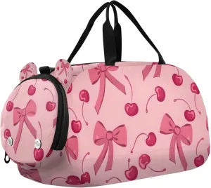 Travel Duffle Bag for Kids Boys Girls Pink Bow Cherry Sports Bag Overnighter Duffle Sleepover Weekender with Shoes Compartment