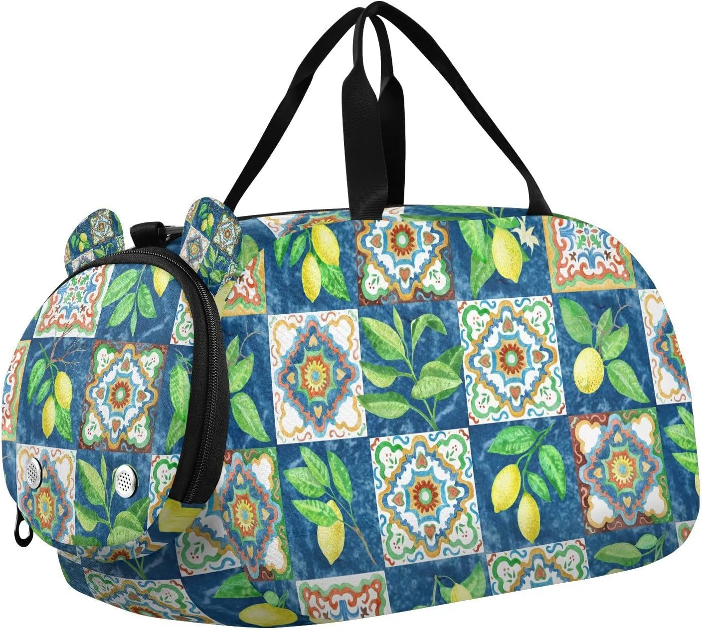 Travel Duffle Bag for Kids Boys Girls Sicilia Ceramic Yellow Lemon Sports Bag Overnighter Duffle Sleepover Weekender with Shoes Compartment