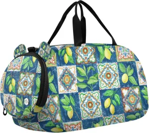 Travel Duffle Bag for Kids Boys Girls Sicilia Ceramic Yellow Lemon Sports Bag Overnighter Duffle Sleepover Weekender with Shoes Compartment