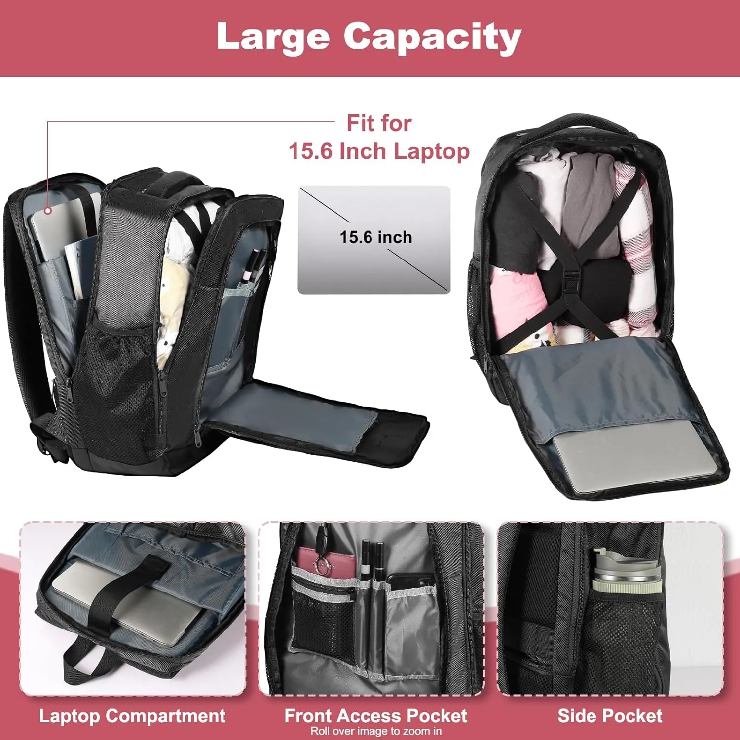 Travel Laptop Backpack for Men and Women, Business Anti Theft Slim Sturdy Laptops Backpack with USB Charging Port, Water Resistant College School Bag, Fits 15.6 Inch Notebook (Black)
