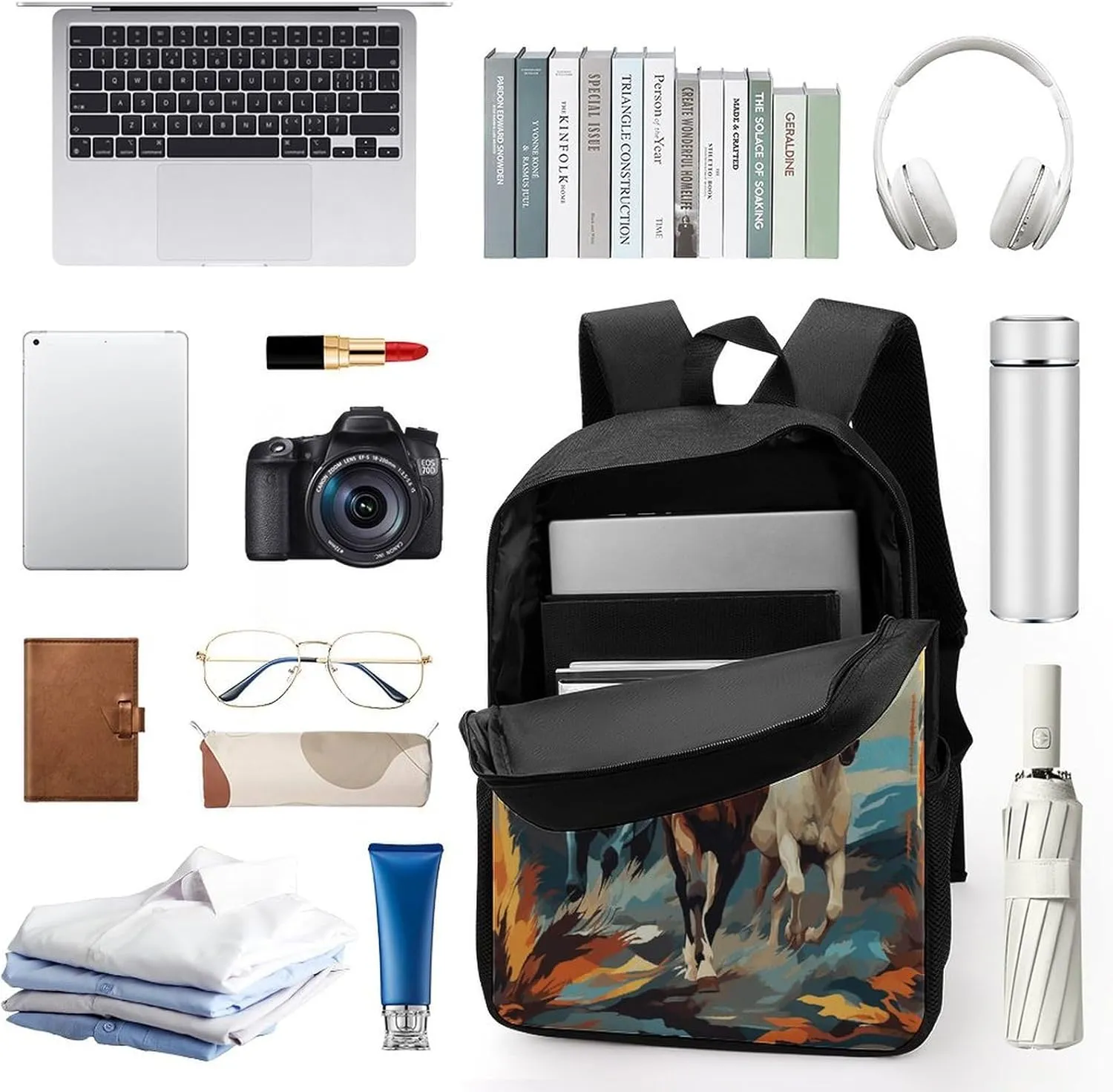 Travel Laptop Backpack Slim Durable Lightweight Back Pack Cute A Pattern with Horses As A Background Small Backpack For Women Men