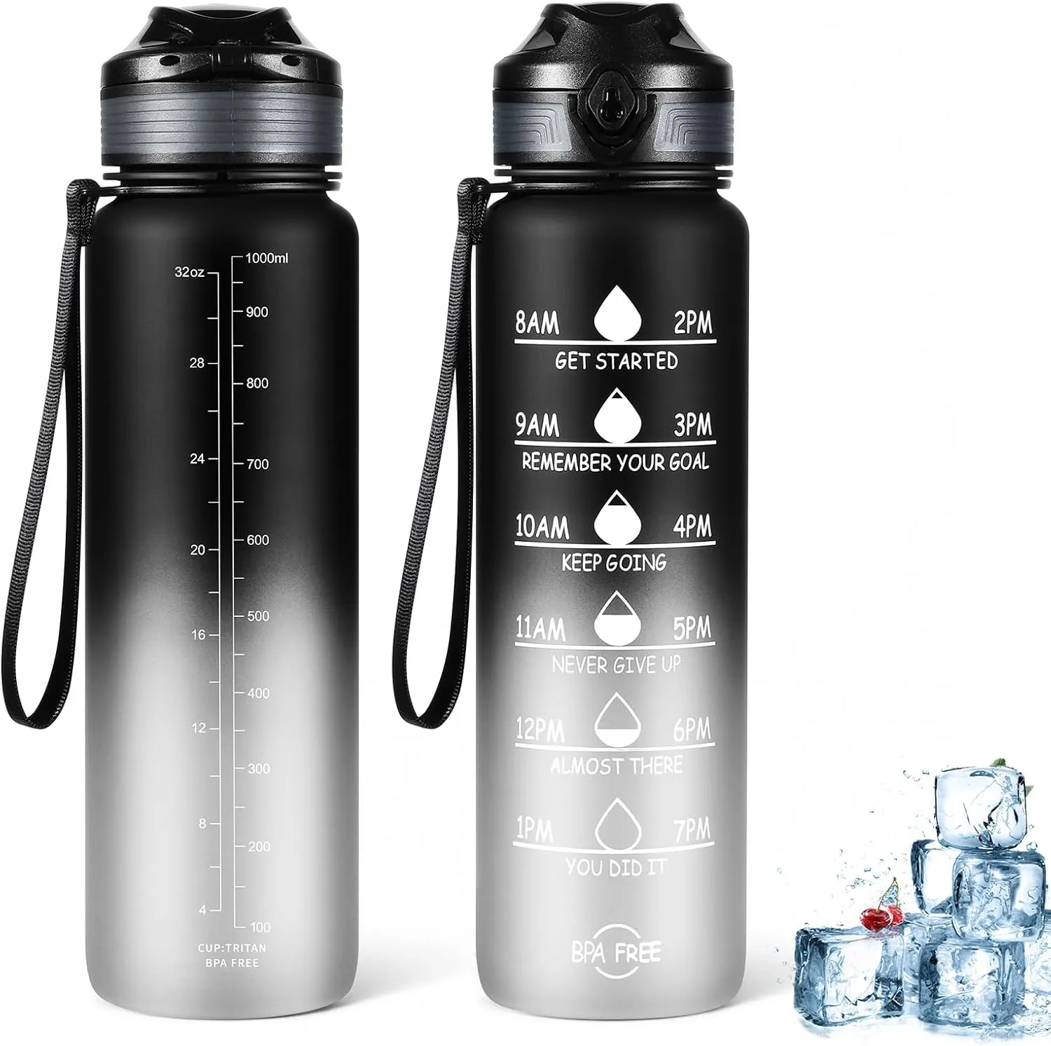 Tritan BPA Free Motivational Sports Bottle - 32 oz, Leakproof Wide Mouth Time Marker Bottle with Strap - Black
