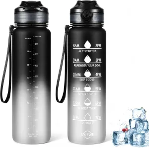 Tritan BPA Free Motivational Sports Bottle - 32 oz, Leakproof Wide Mouth Time Marker Bottle with Strap - Black