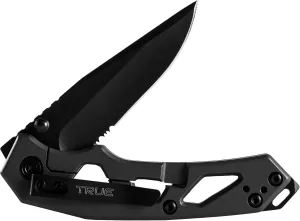 TRUE Tactical Knife | Partially Serrated Knife Blade with Lightweight Minimalist Handle Featuring Emergency Glass Breaker and Pocket Clip, Black, One Size