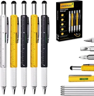 UMEINAC 5 Pack Multitool Pen Set, 7 in 1 Multitool Tech Tool Pen for Men, Construction Tools Gadget Stocking Stuffers Gifts for Dad Husband Father