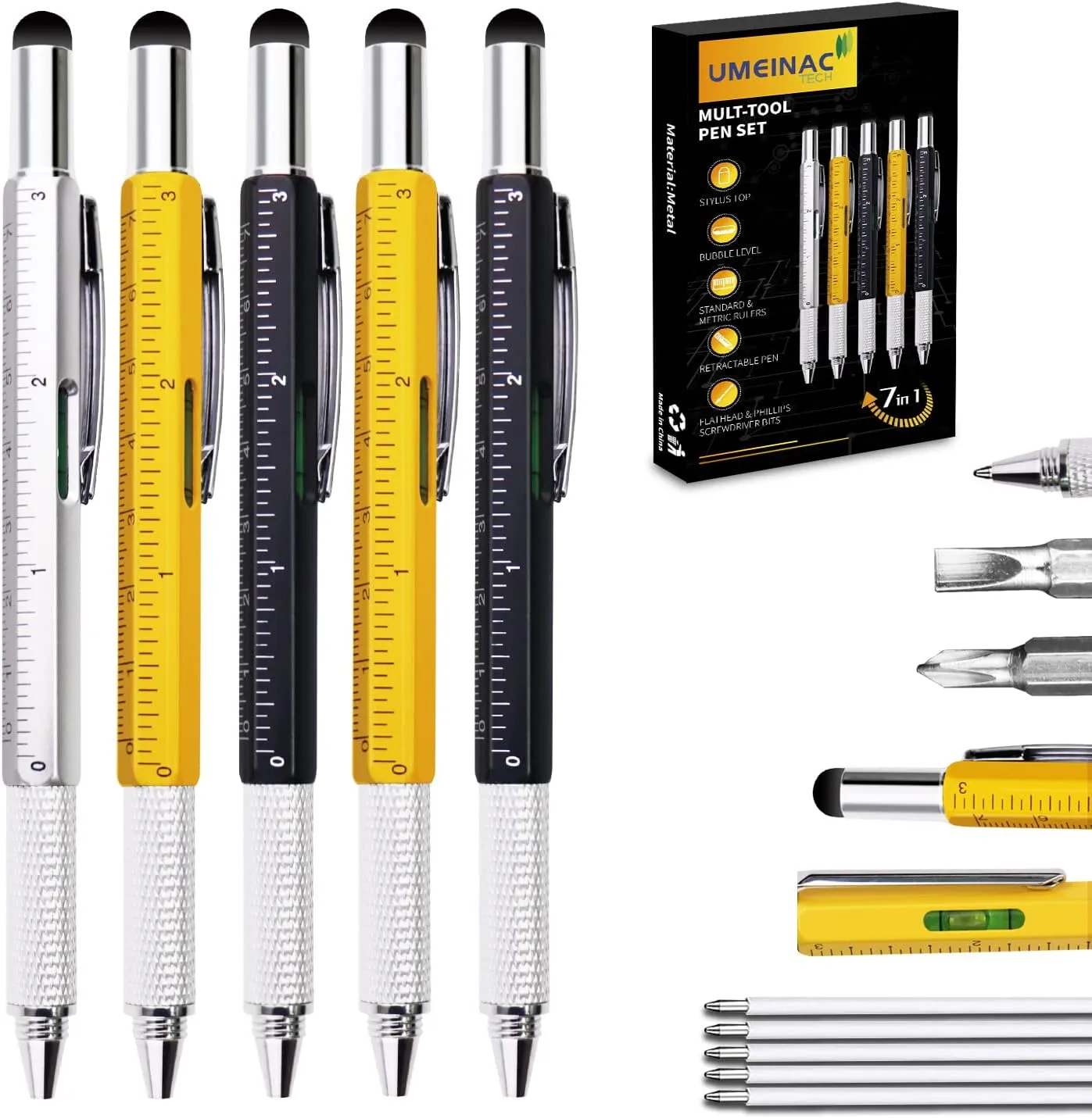 UMEINAC 5 Pack Multitool Pen Set, 7 in 1 Multitool Tech Tool Pen for Men, Construction Tools Gadget Stocking Stuffers Gifts for Dad Husband Father
