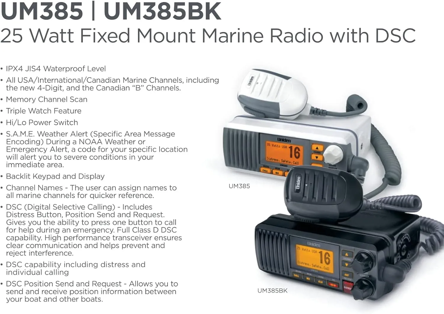 Uniden UM385 25 Watt Fixed Mount Marine Vhf Radio, Waterproof IPX4 with Triple Watch, Dsc, Emergency/Noaa Weather Alert, All Usa/International/Canadian Marine Channels, Memory Channel Scan, White
