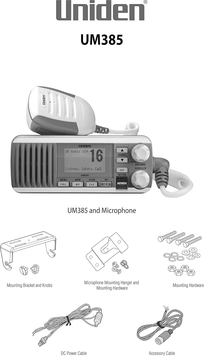 Uniden UM385 25 Watt Fixed Mount Marine Vhf Radio, Waterproof IPX4 with Triple Watch, Dsc, Emergency/Noaa Weather Alert, All Usa/International/Canadian Marine Channels, Memory Channel Scan, White
