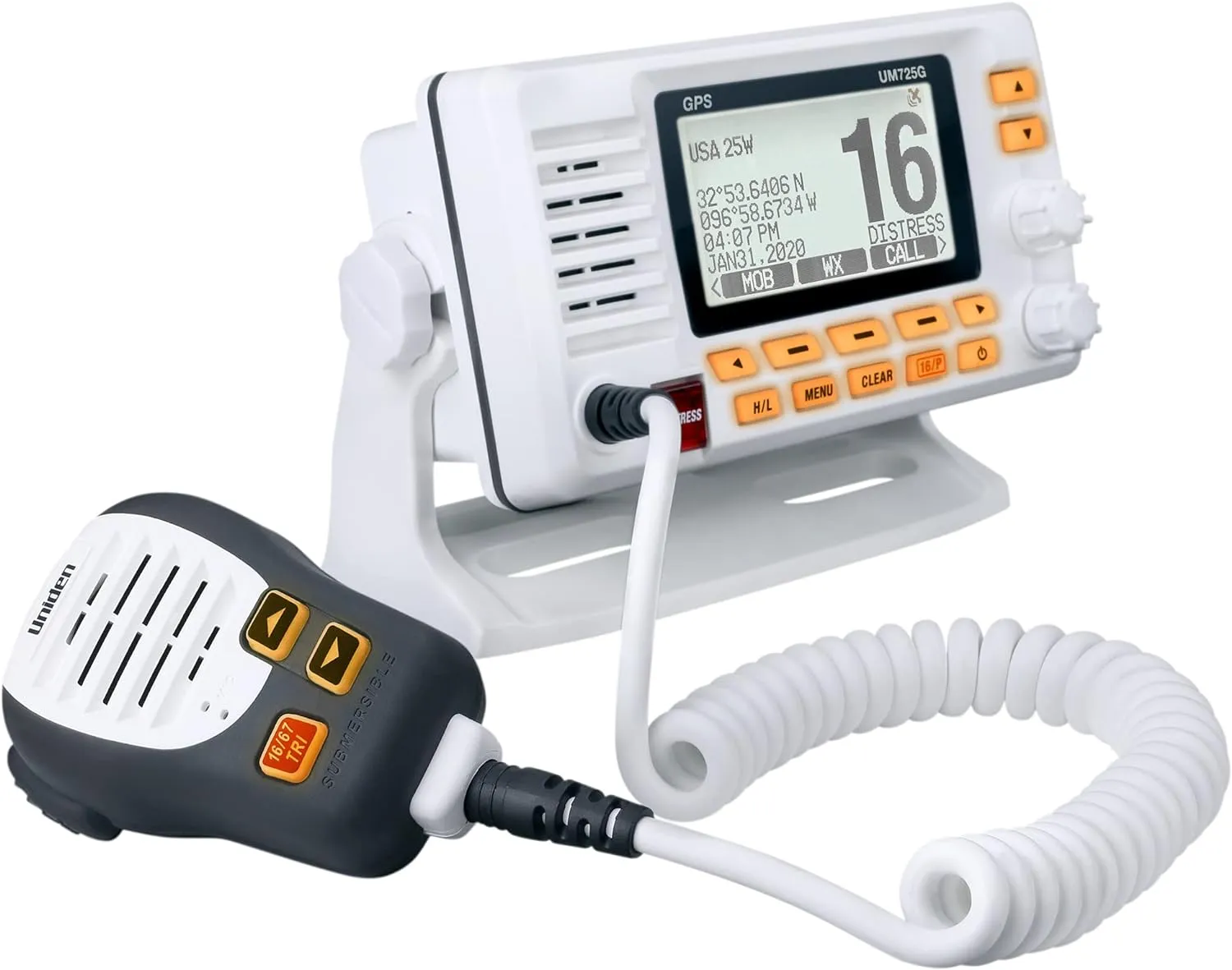 Uniden UM725G Marine VHF Radio, All USA, Canada, and Intl. Marine Channels, 1Watt/25Watt Transmit Power, Largest LCD Screen in Class, NOAA Weather Channels w/Alerts, Speaker Mic, GPS Built-in.