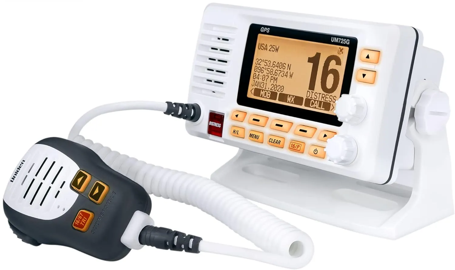 Uniden UM725G Marine VHF Radio, All USA, Canada, and Intl. Marine Channels, 1Watt/25Watt Transmit Power, Largest LCD Screen in Class, NOAA Weather Channels w/Alerts, Speaker Mic, GPS Built-in.