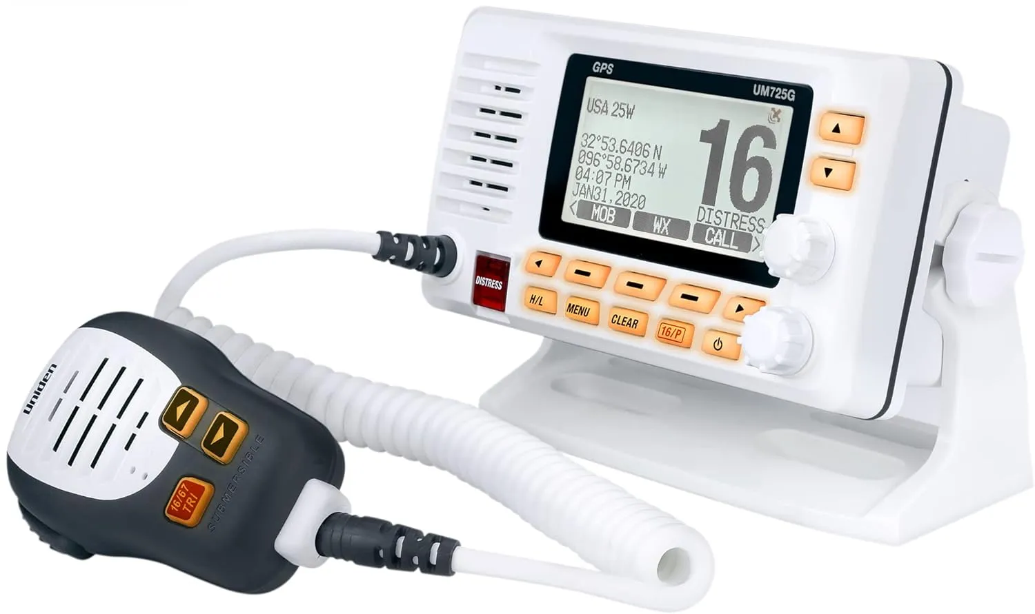 Uniden UM725G Marine VHF Radio, All USA, Canada, and Intl. Marine Channels, 1Watt/25Watt Transmit Power, Largest LCD Screen in Class, NOAA Weather Channels w/Alerts, Speaker Mic, GPS Built-in.