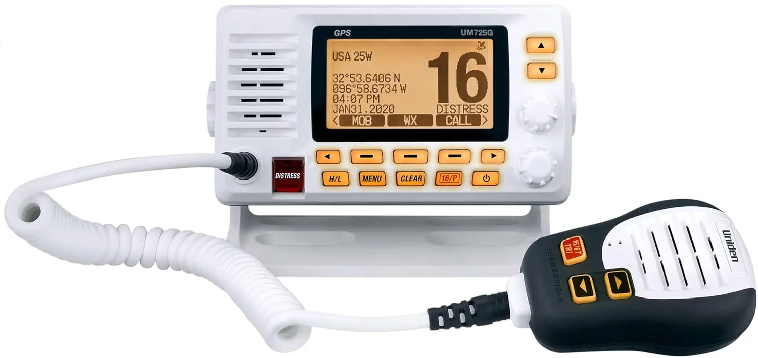 Uniden UM725G Marine VHF Radio, All USA, Canada, and Intl. Marine Channels, 1Watt/25Watt Transmit Power, Largest LCD Screen in Class, NOAA Weather Channels w/Alerts, Speaker Mic, GPS Built-in.
