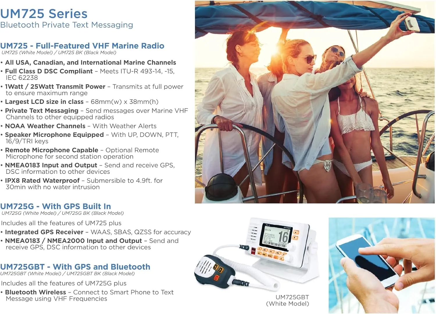 Uniden UM725GBK Marine VHF Radio, All USA, Canada, and Intl. Marine Channels, 1Watt/25Watt Transmit Power, Largest LCD Screen in Class, NOAA Weather Channels w/Alerts, Speaker Mic, GPS Built-in.