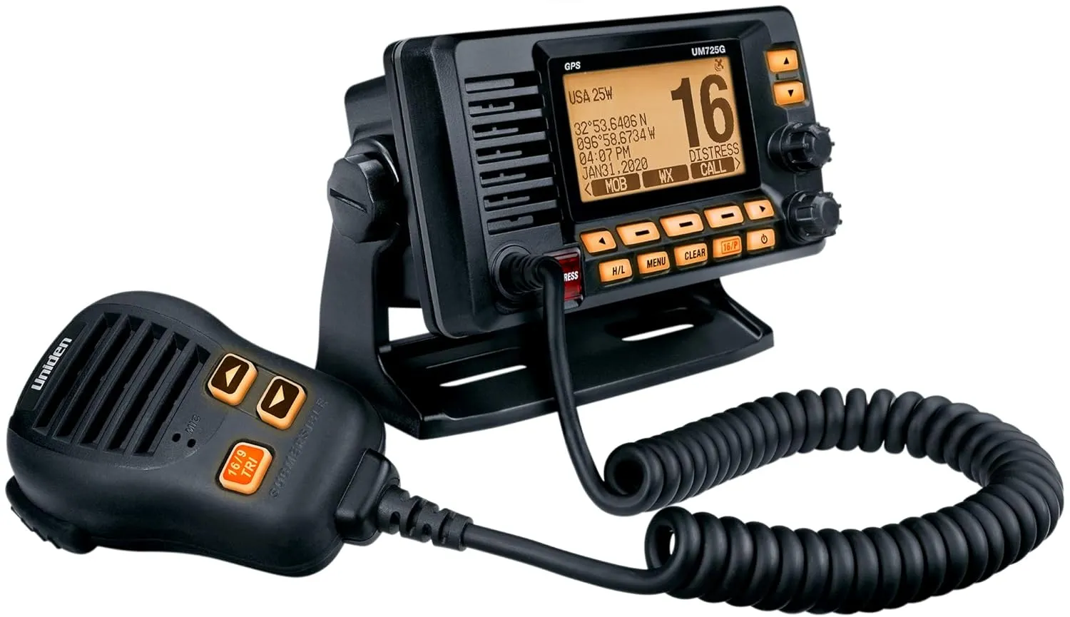 Uniden UM725GBK Marine VHF Radio, All USA, Canada, and Intl. Marine Channels, 1Watt/25Watt Transmit Power, Largest LCD Screen in Class, NOAA Weather Channels w/Alerts, Speaker Mic, GPS Built-in.